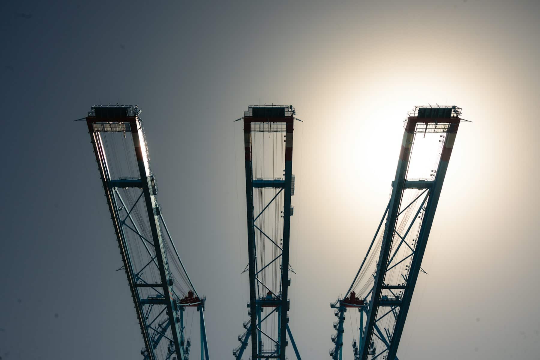 Three ship-to-shore gantry cranes standing in a row with their booms raised, reduced to dark silhouettes against a hazy white sun.